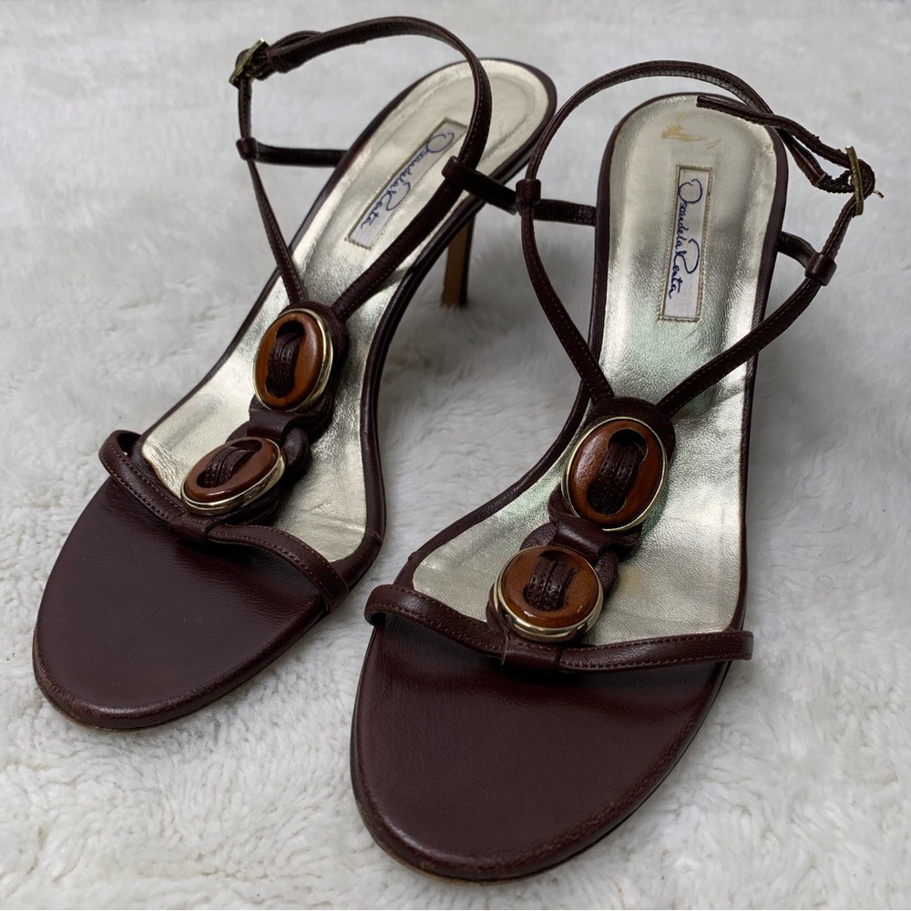 Y2K Oscar de la Renta Women's Brown T Strap Leather High Heels Sandals Size 39